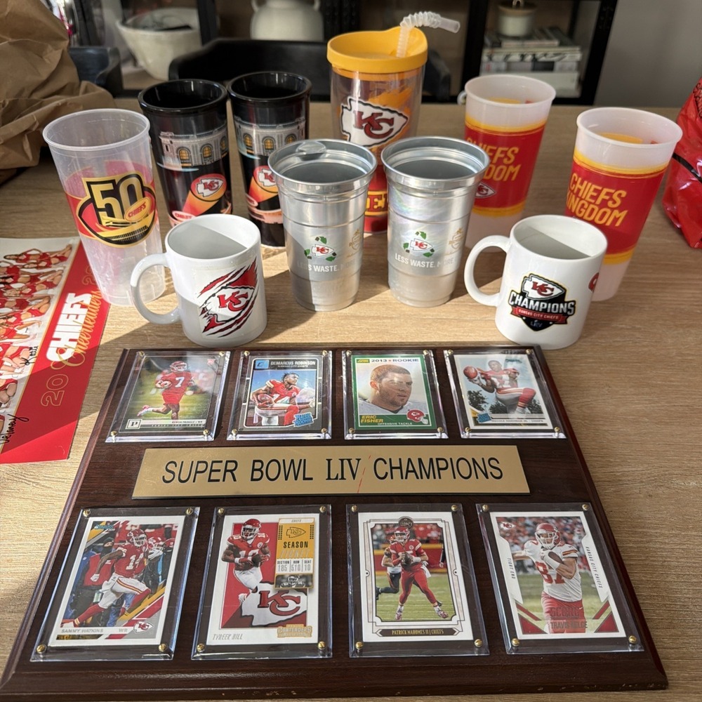 Lot Kansas City Chiefs Collectibles Mugs Cups Jersey Hoodie XL Plaque Fleece M